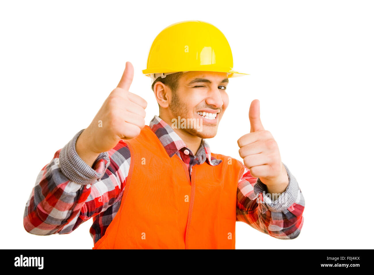 Picture of a construction worker winking and holding both thumbs up.